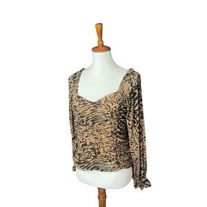 Jane And Delancey Leopard Blouse Ruched Long Sleeve Lined Sz Large Brown